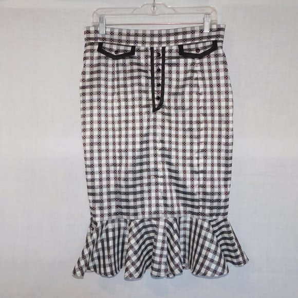 Living Dead Souls Womens XL Black White Gingham check Pencil Skirt Hem Ruffle - Picture 11 of 11